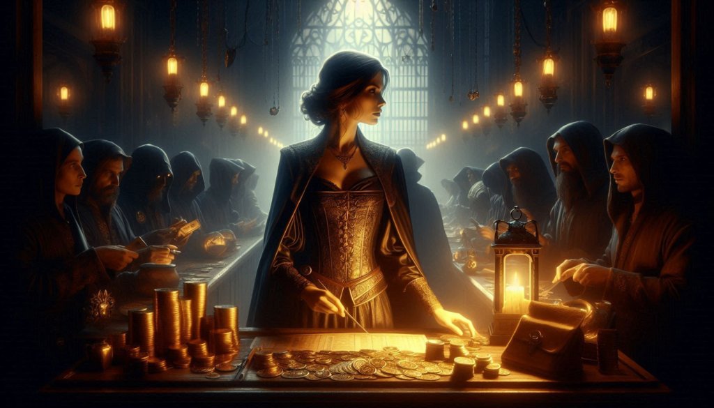 WoW auction house anti-scam scene with a hooded merchant counting gold coins by lantern light to avoid traps