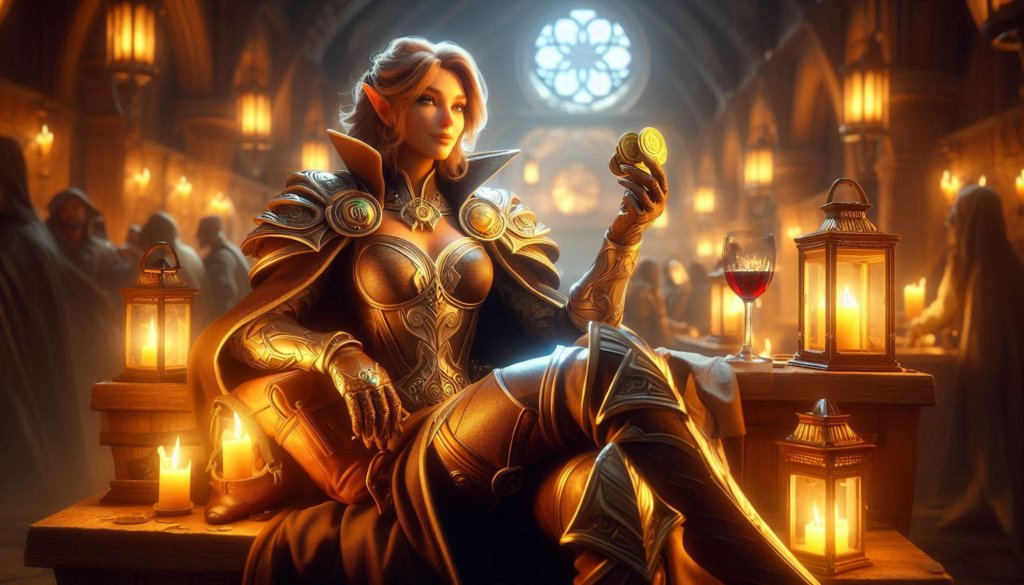 WoW armored woman in golden plate holding a coin and a goblet beside gold piles, on guarding against gold scams
