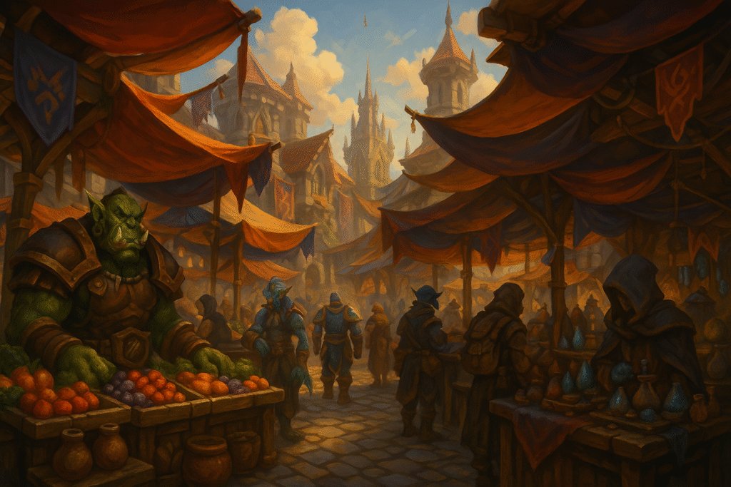 WoW marketplace stalls with an orc vendor and crates of goods players can buy with gold