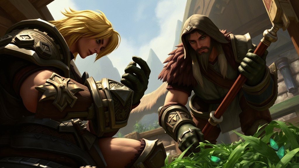 WoW warriors facing off in a green field, evoking competition among gold-earning professions