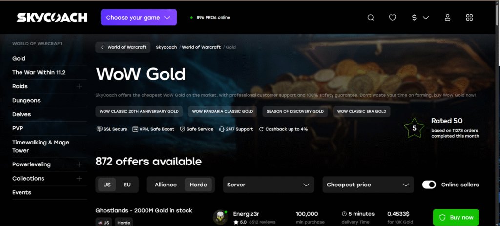 World of Warcraft gold-buying platform comparison showing a WoW Gold listing page with hundreds of offers