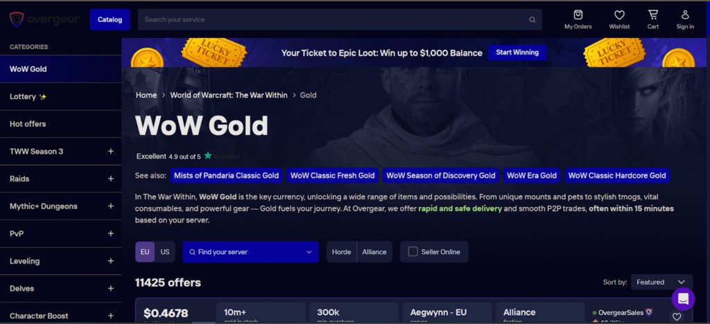 World of Warcraft gold-buying platform comparison showing a WoW Gold storefront with an offers list