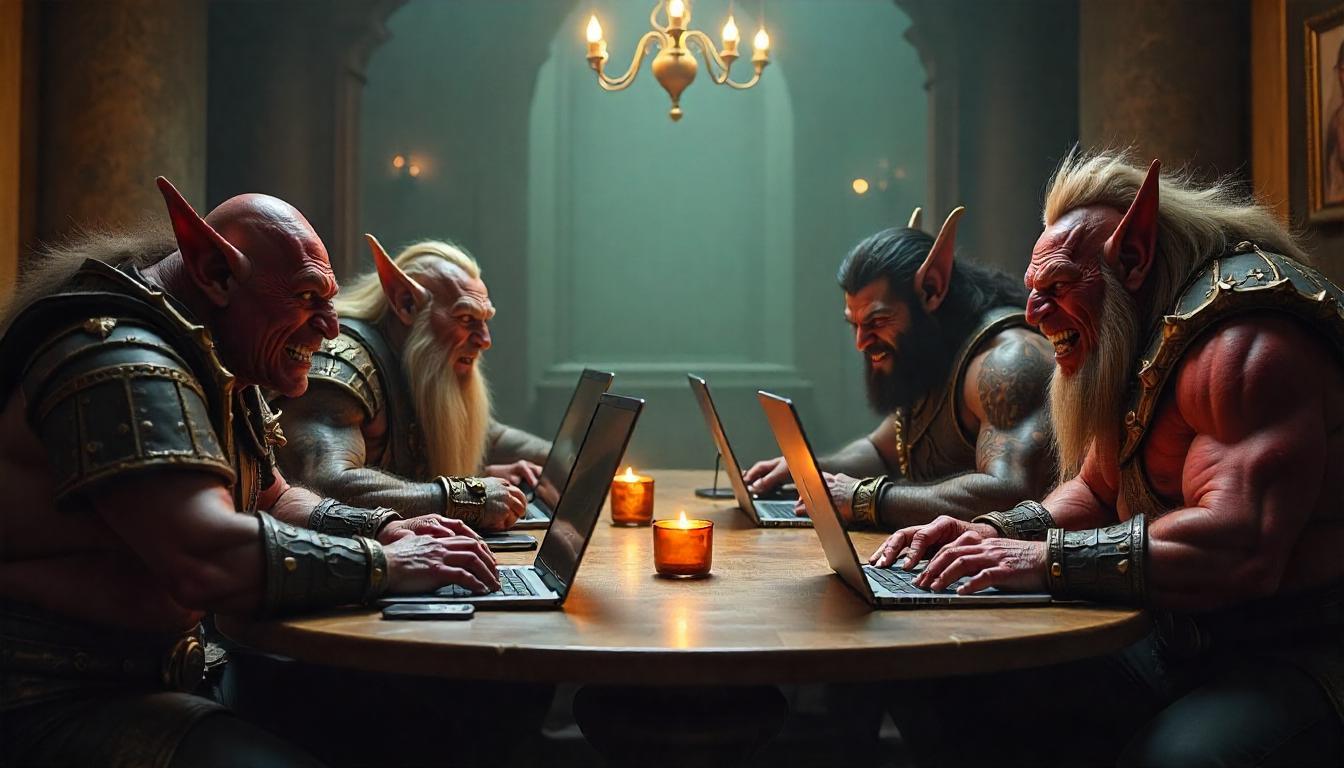 WoW-style Horde orcs and Alliance humans facing off over laptops, representing the Horde vs Alliance rivalry