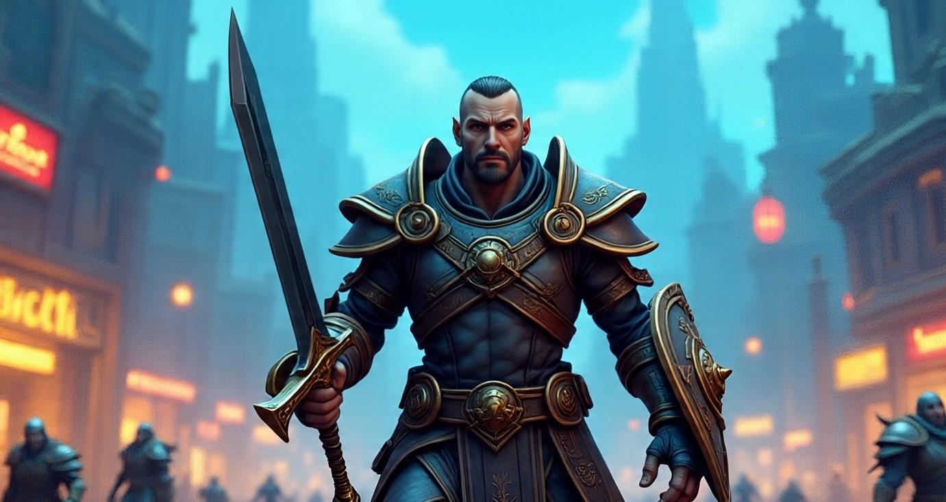 WoW Liberation of Undermine warrior character in ornate armor wielding a sword in a Goblin city street