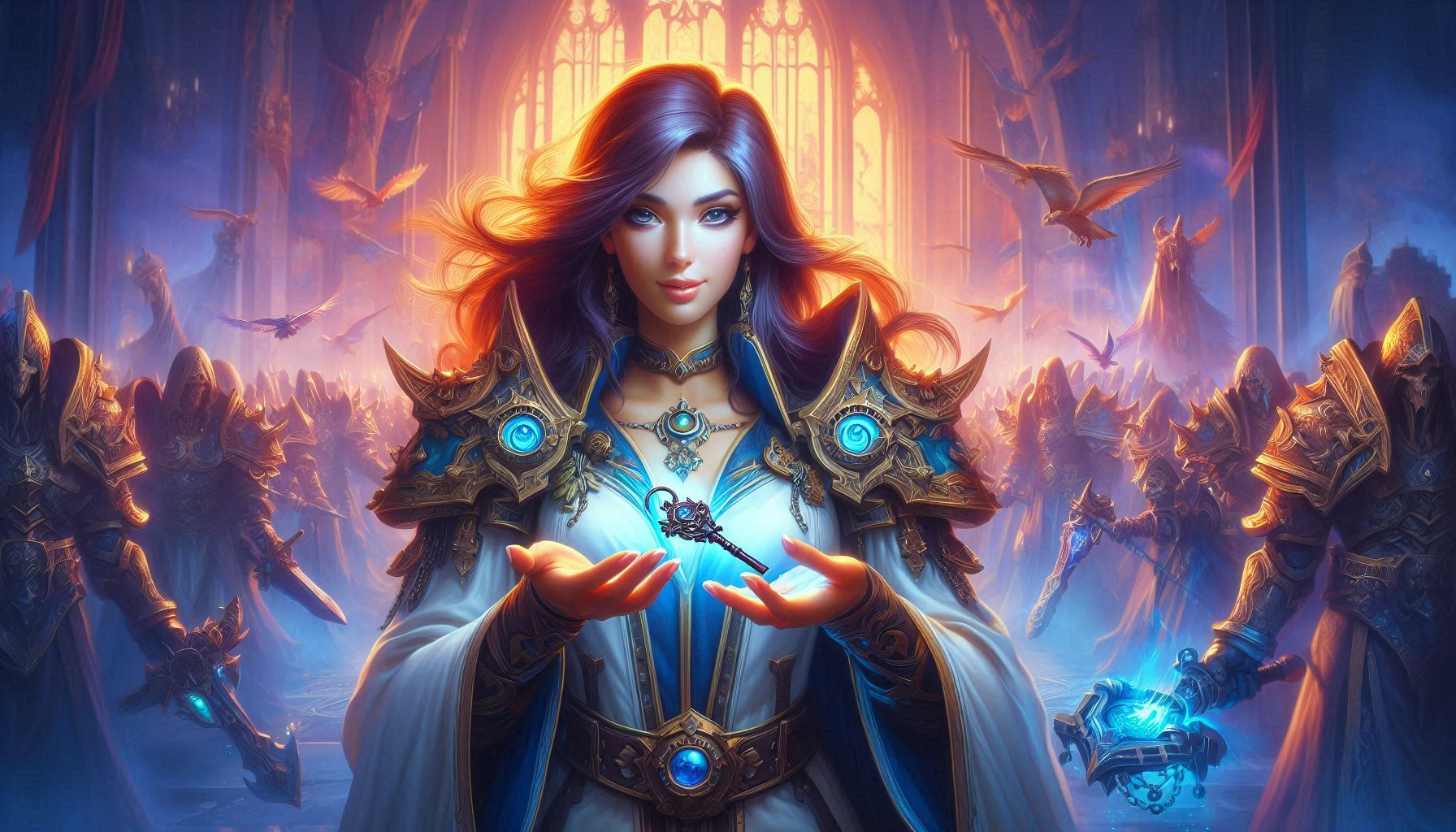 WoW Mythic+ keystone concept art showing a mage holding a glowing key, illustrating how keystones are obtained and used