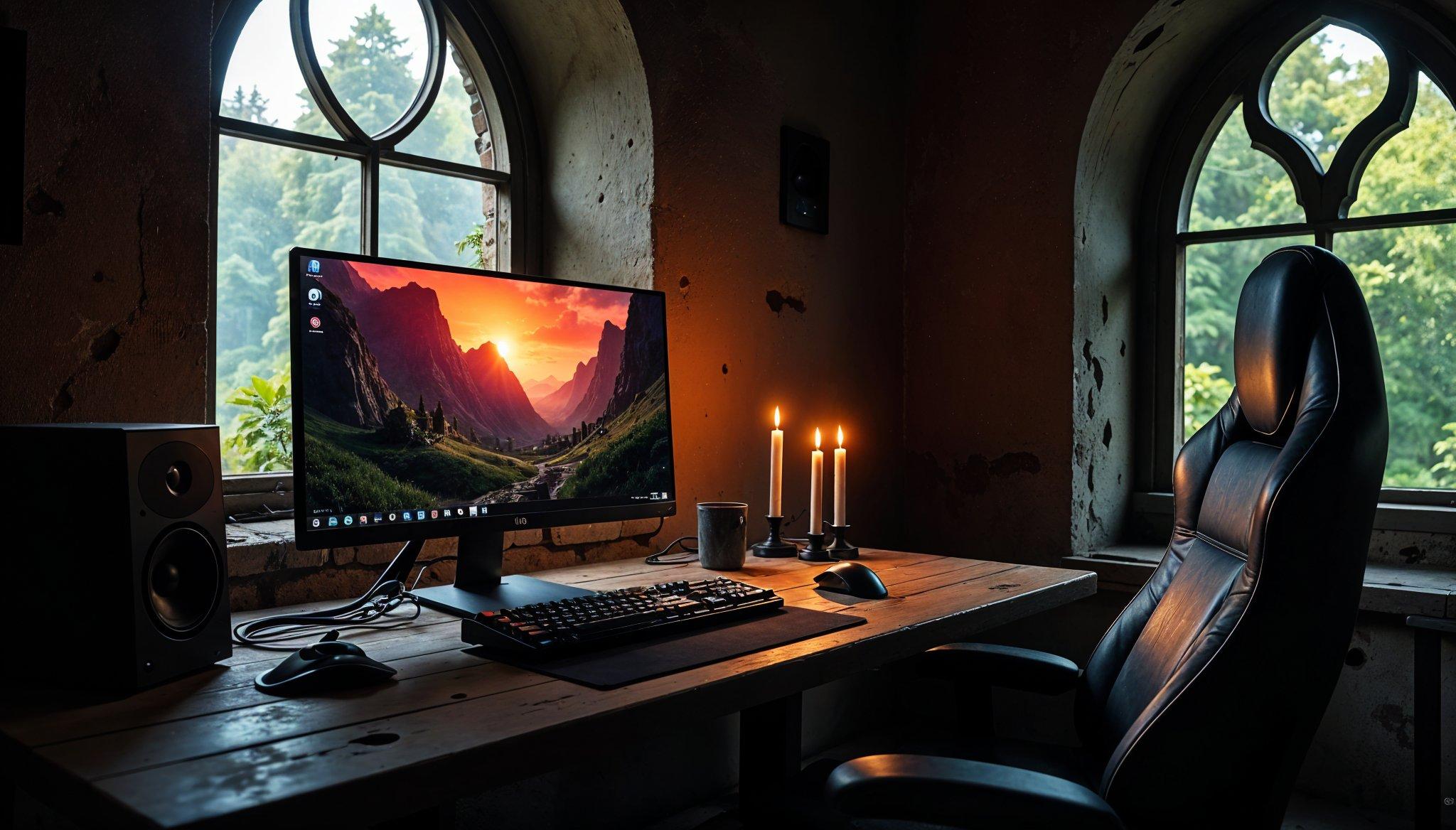 Gothic gaming setup with candles and a landscape wallpaper, evoking the atmosphere of playing World of Warcraft