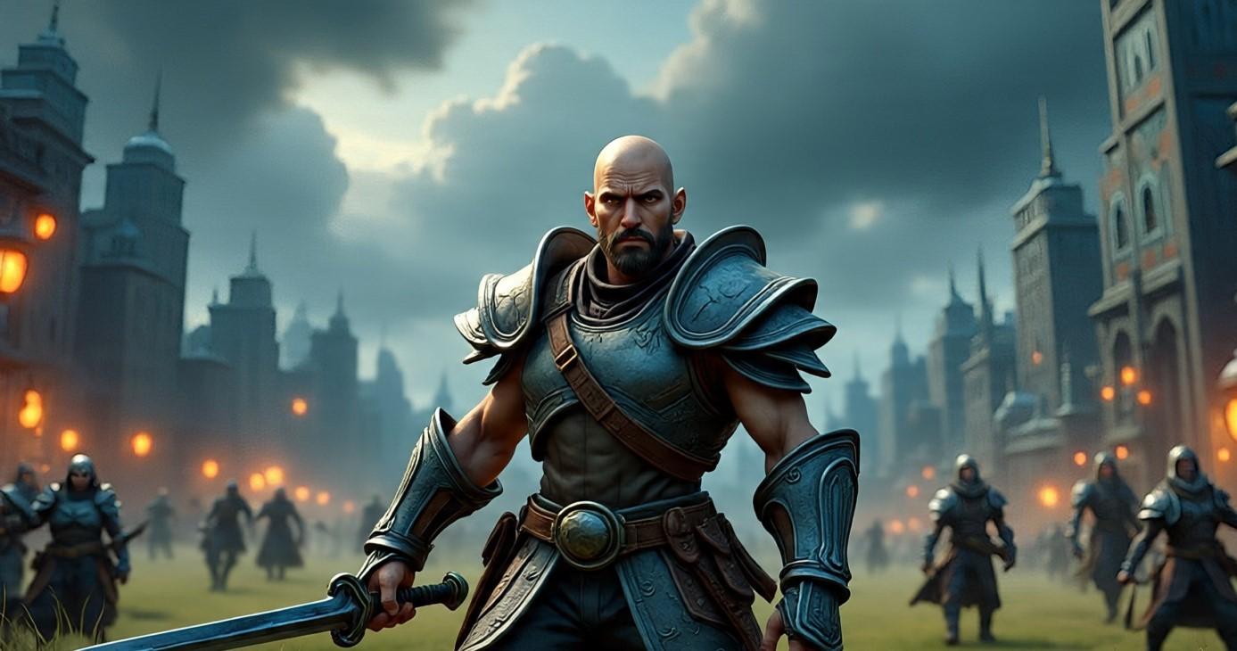 WoW Liberation of Undermine armored fighter facing an army of enemies outside a Goblin city at dusk
