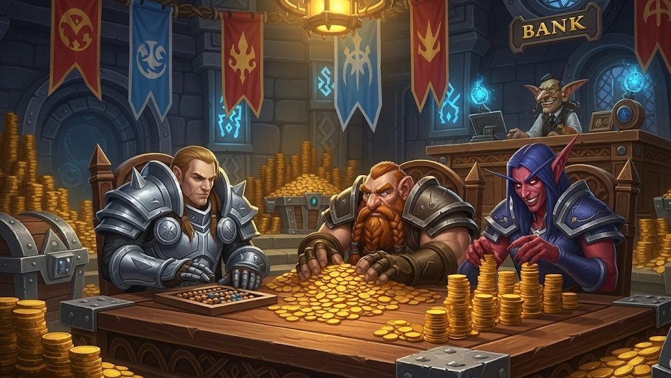 WoW buy gold safely scene of armored warriors counting stacked gold coins at a bank in a guild hall
