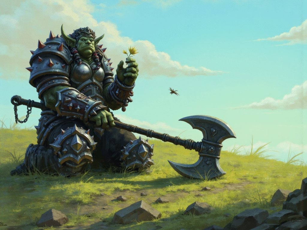 WoW armored orc warrior resting on a grassy hill beside a battle axe, the humble start of a gold-making account