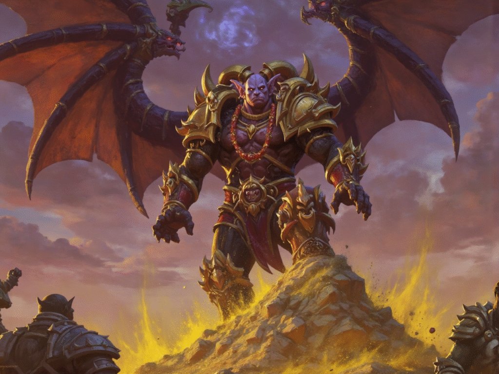 WoW winged demon lord roaring atop a blazing mound of gold, a thriving fortune built from zero
