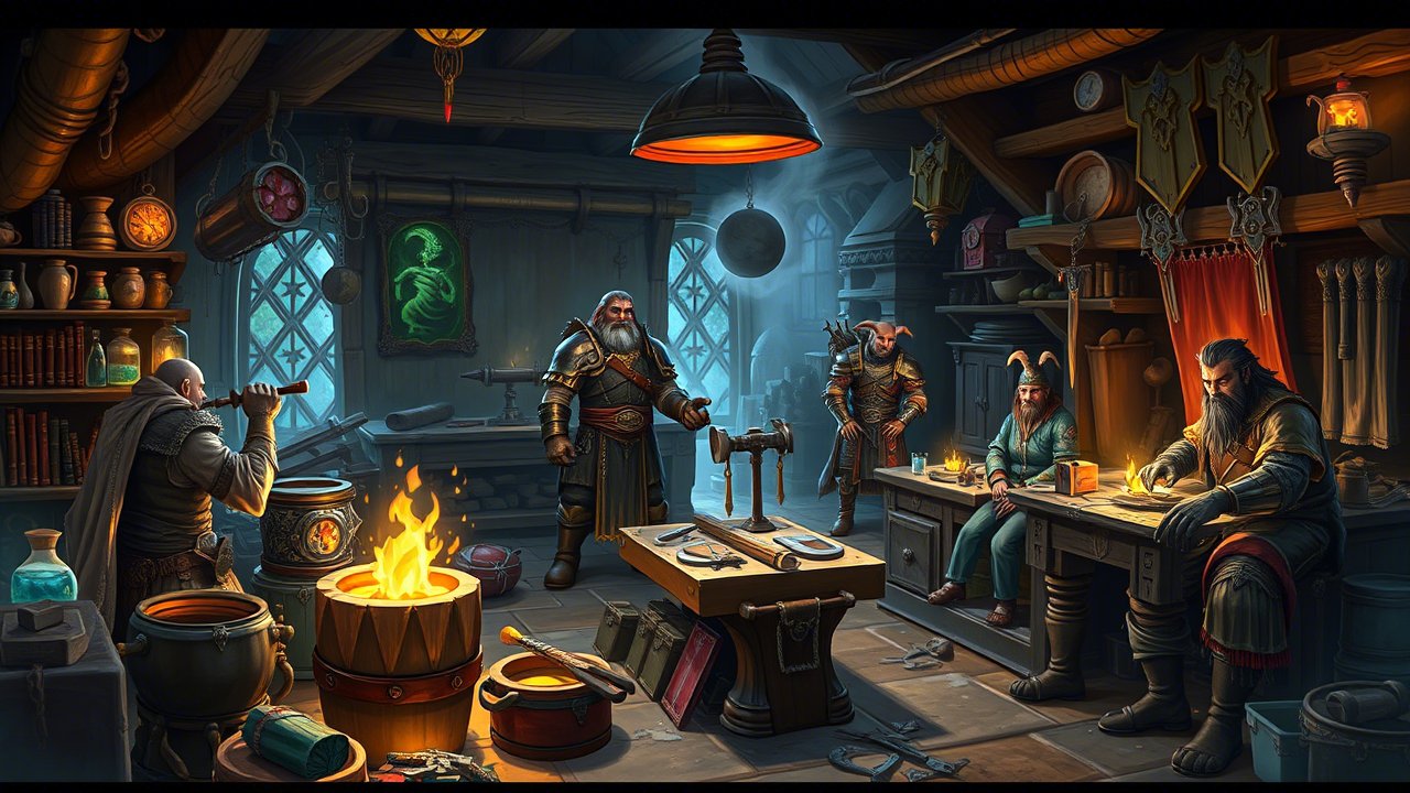 WoW alchemist workshop with dwarves at a forge and cauldron, reflecting shifting gold market value