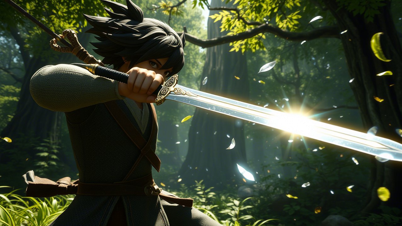 WoW rogue swinging a glowing sword in a sunlit forest, timing the strike like a gold purchase