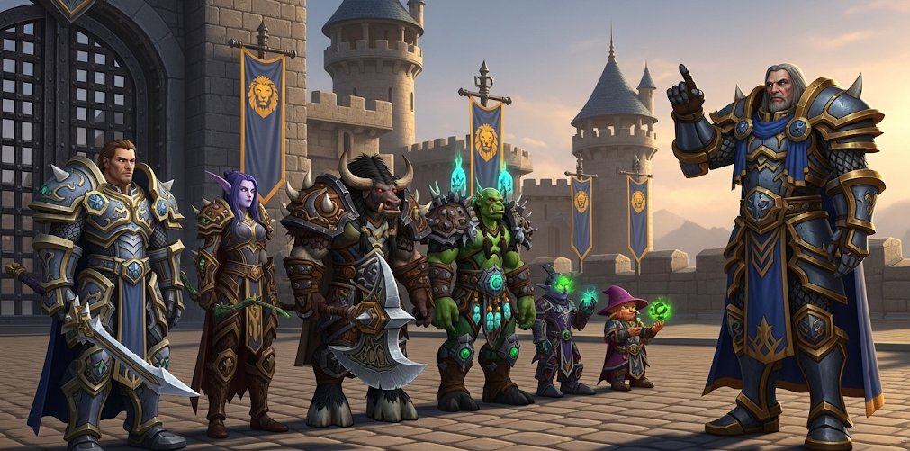 WoW alliance party of armored heroes outside a keep, an alt army working in tandem to farm gold