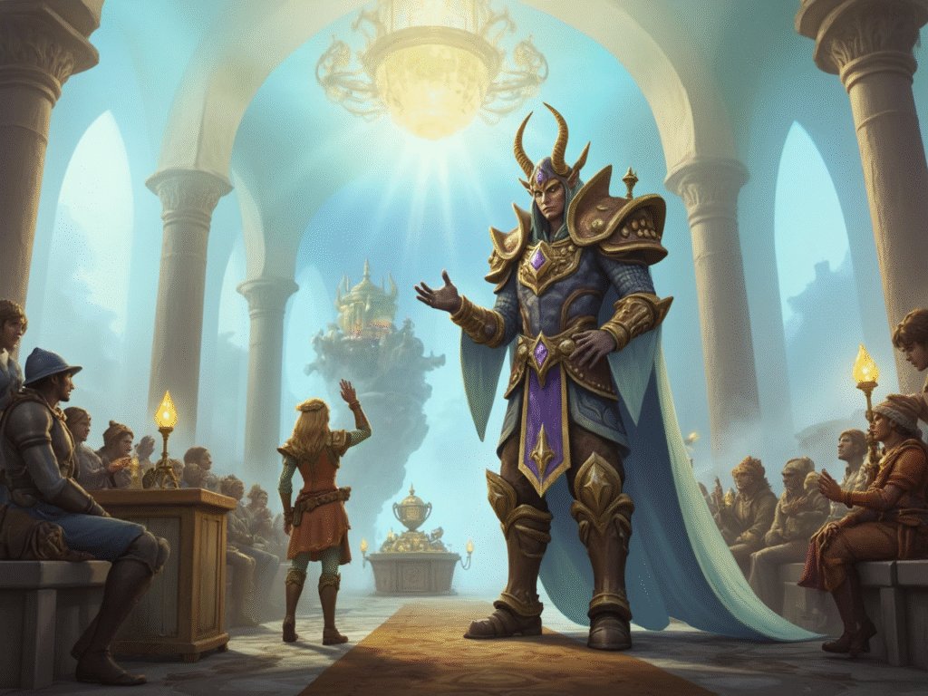 WoW armored vendor gesturing in a sunlit Auction House hall while patrons watch, illustrating item flipping