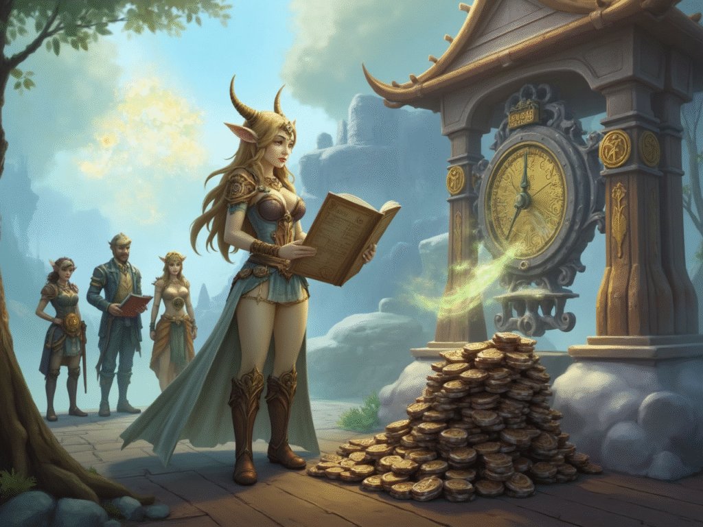 WoW horned merchant reading a ledger beside stacked gold and a clock, timing Auction House flips for profit