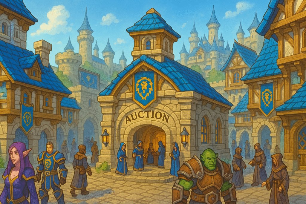 WoW Auction House facade in a city plaza where players trade gold for PvP and PvE upgrades